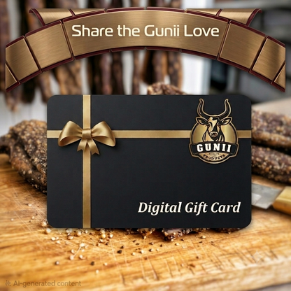 A black and gold Gunii Love digital gift card displayed on a wooden cutting board with cured meats in the background. A decorative gold banner at the top reads 'Share the Gunii Love' and the card features the Gunii logo.